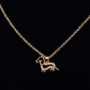 Gold Dachshund 18" Necklace Rhinestone Girls Hot Dog Doxie